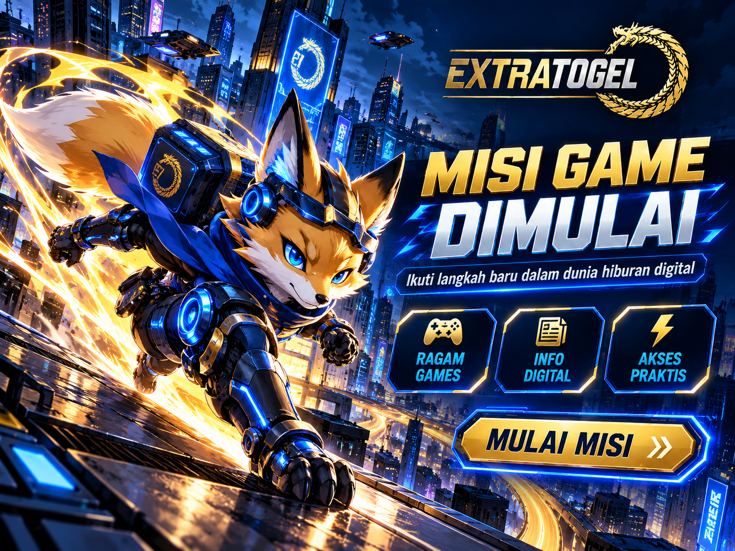 Banner EXTRATOGEL dengan enam cincin orbit emas mengelilingi inti energi biru di angkasa